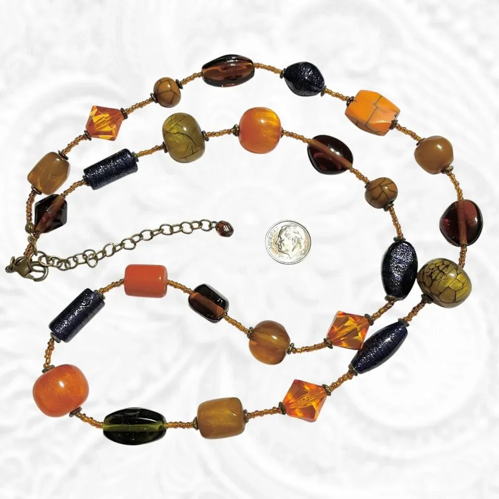 VTG Mixed Media Beaded Necklace Long Layering Boho Chunky Glass Glitter Autumn